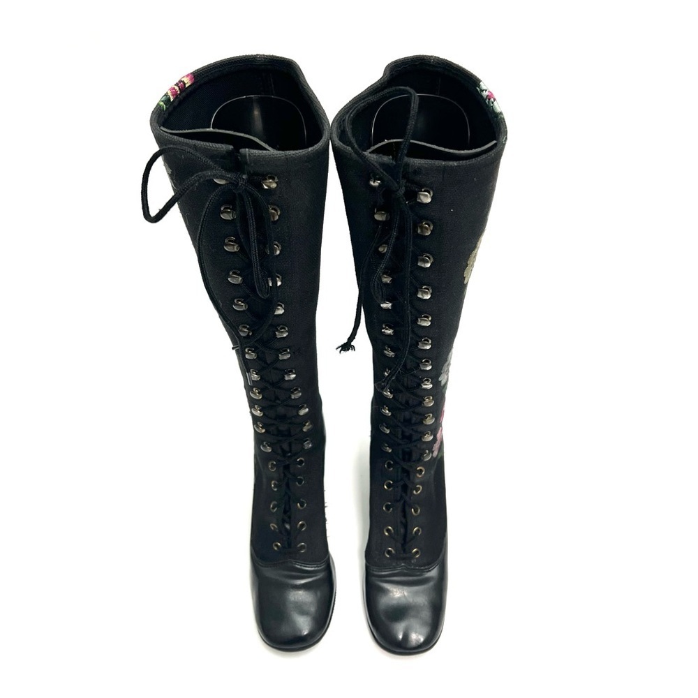 Vintage 1970s black canvas floral embroidered lace up knee high Penny Lane boots - Picture 3 of 9